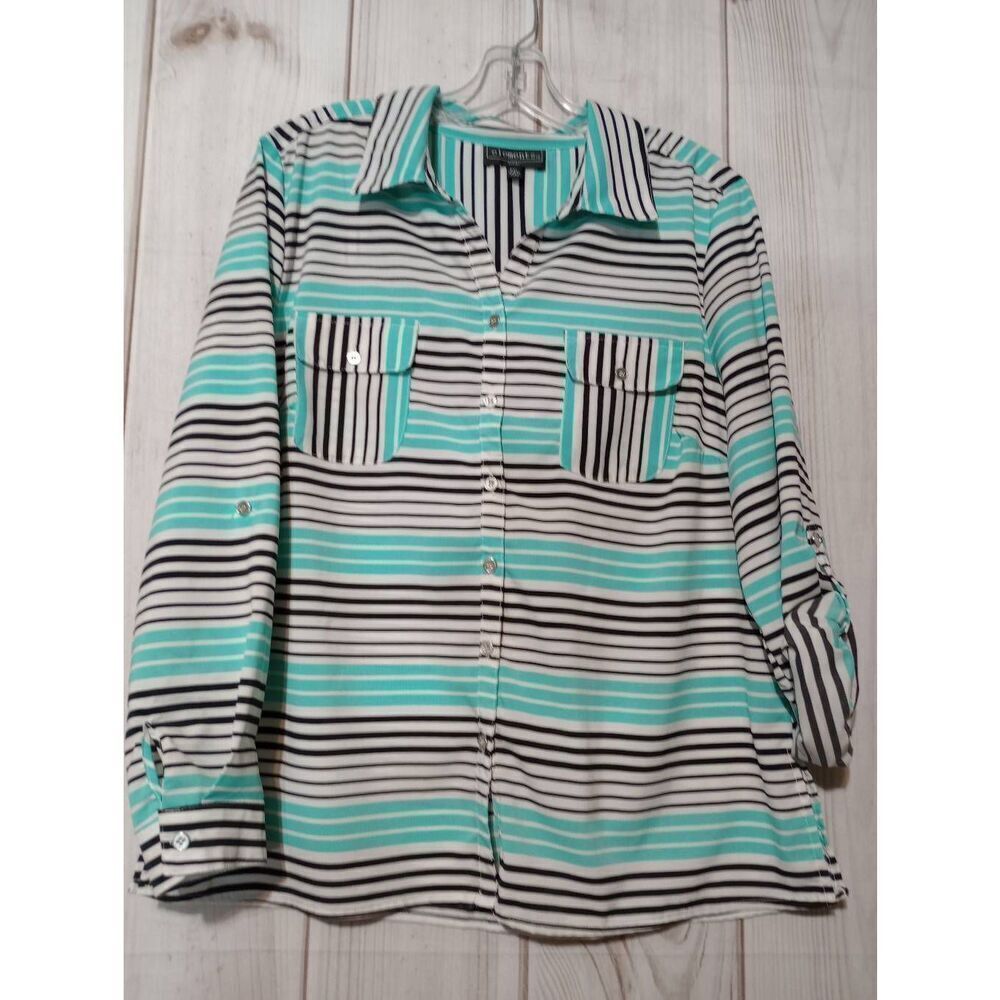 Elementz Shirt Ladies Extra Large Petite Teal Black Striped Button Front Busines